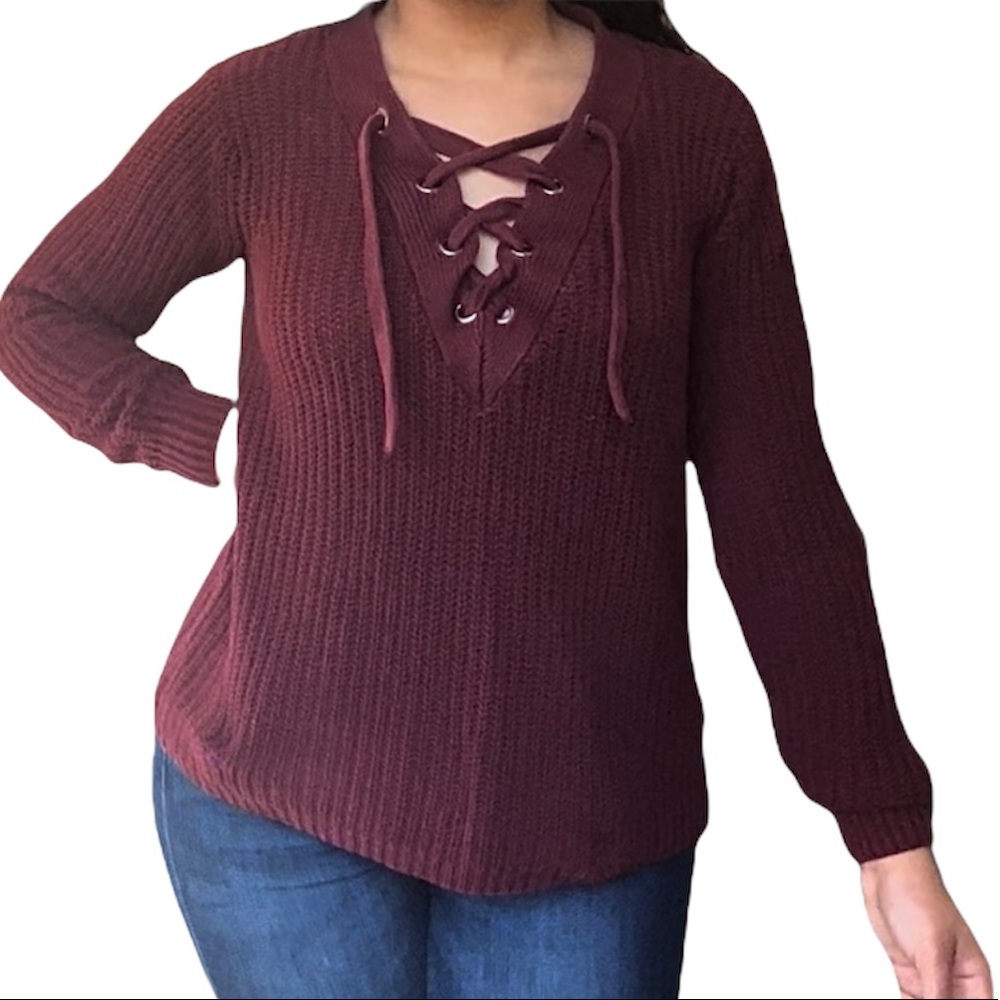 Ruby Moon Maroon Criss Cross Tie Knit Sweater